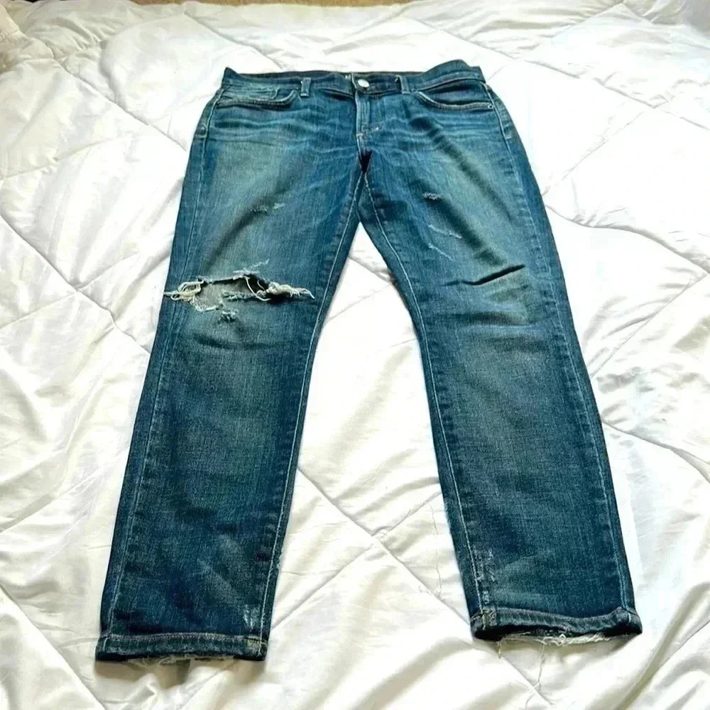 Agolde Classic Blue Ripped Cropped Jeans